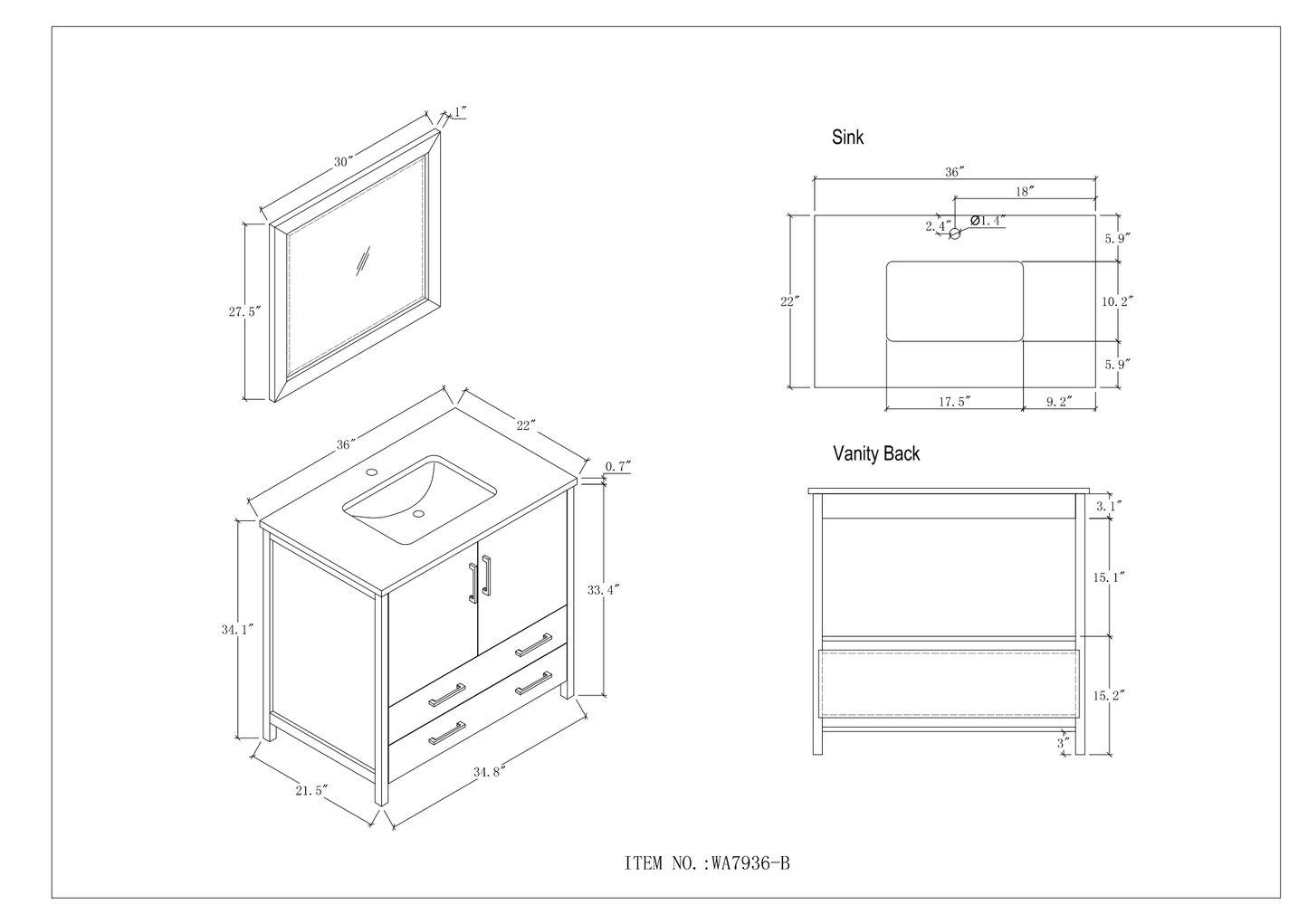 36" Blue Solid Wood Sink Vanity with Mirror