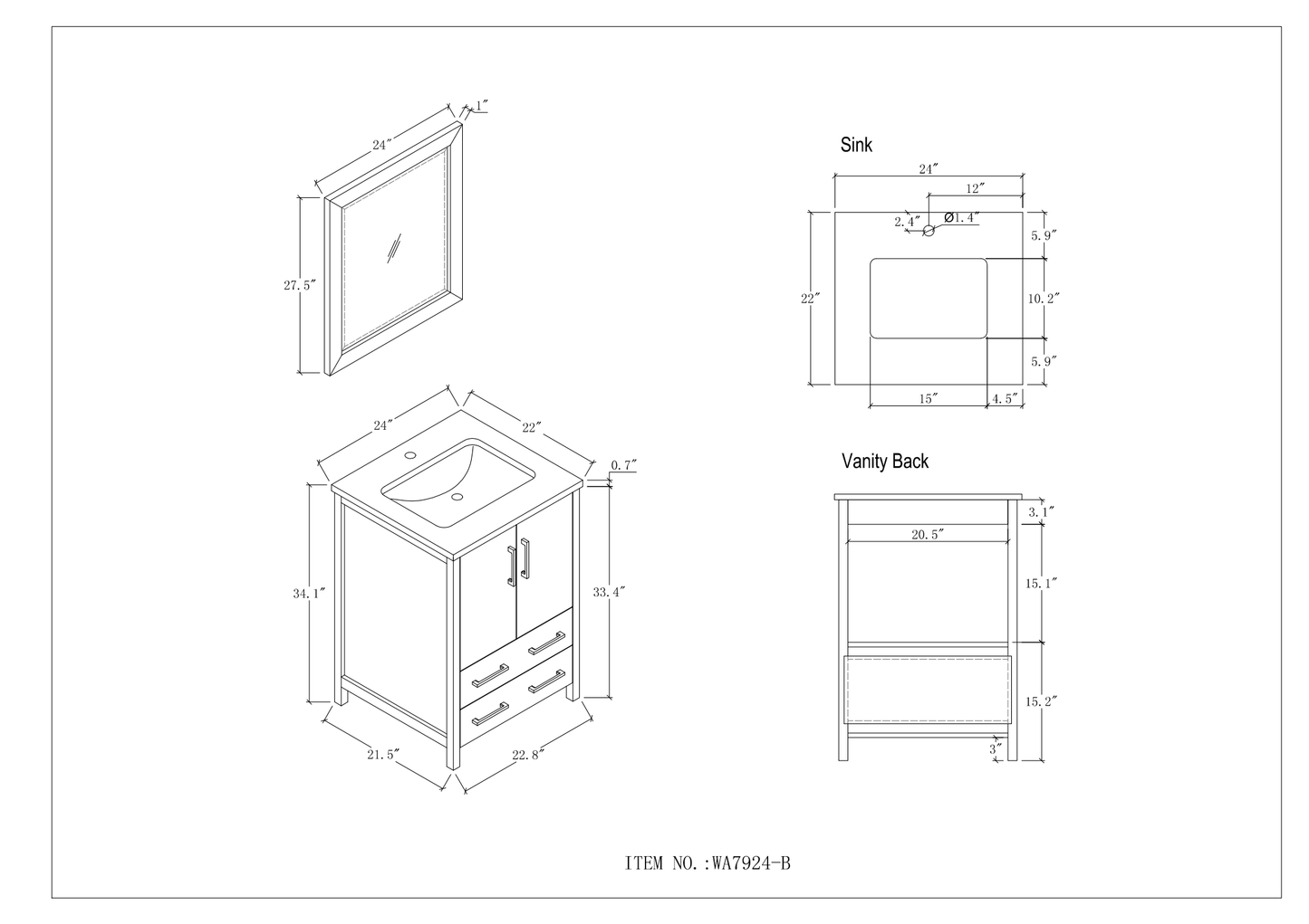 24" Blue Solid Wood Sink Vanity with Mirror