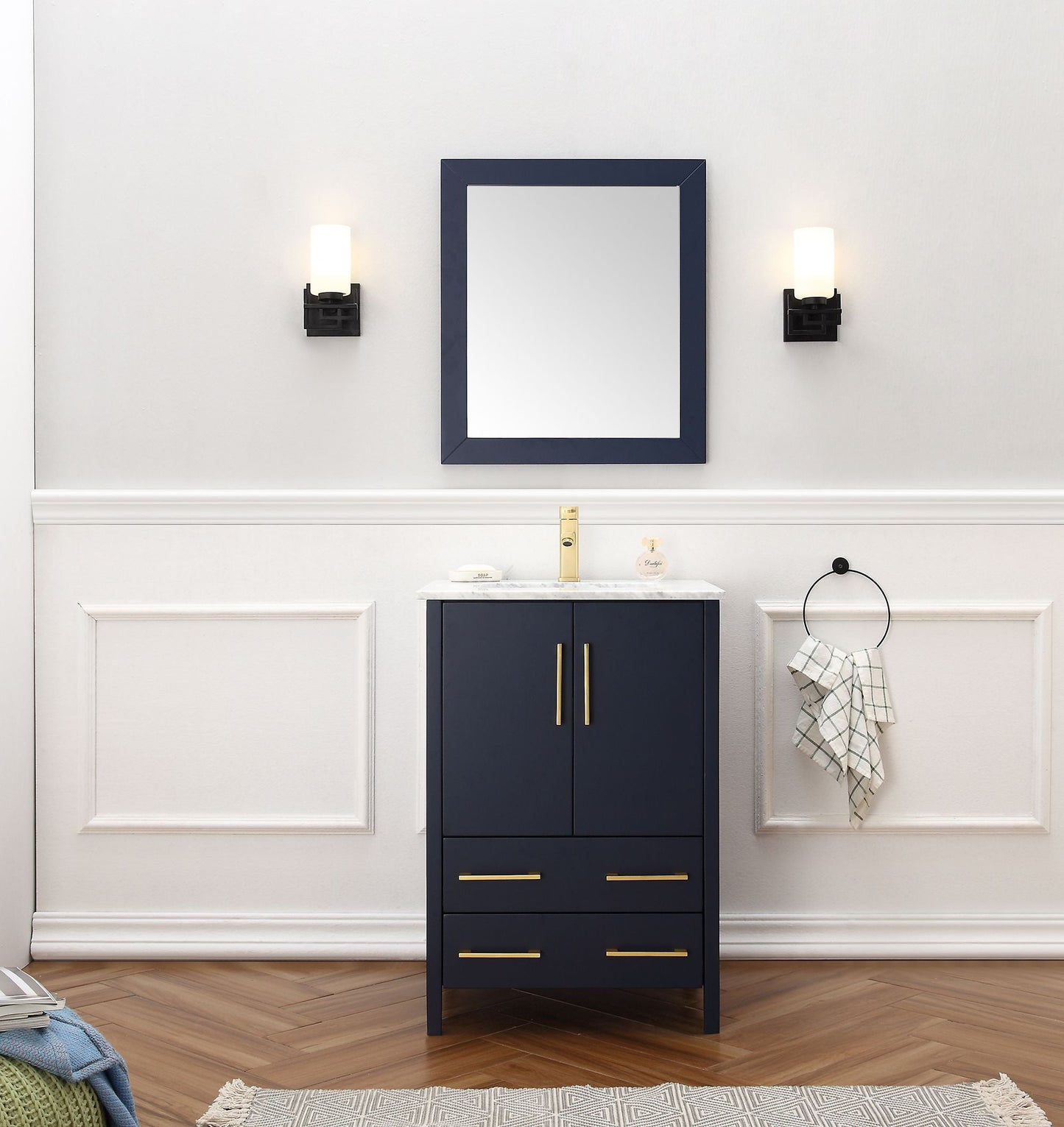 24" Blue Solid Wood Sink Vanity with Mirror