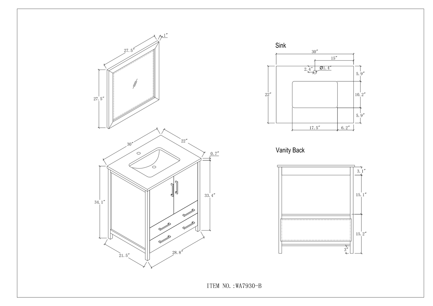 30" Blue Solid Wood Sink Vanity with Mirror