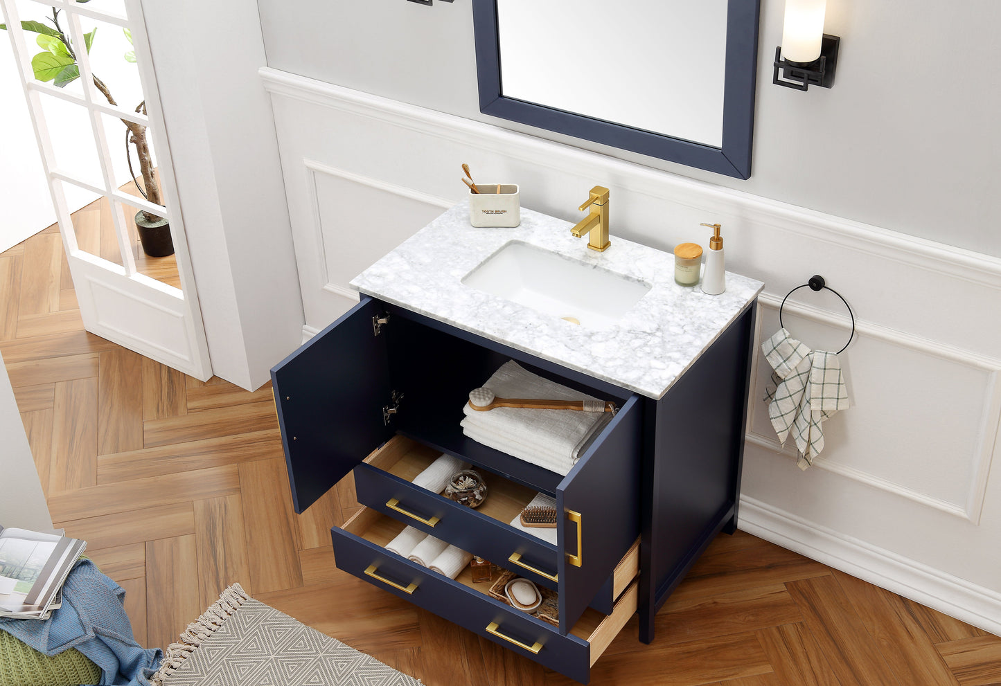 36" Blue Solid Wood Sink Vanity with Mirror